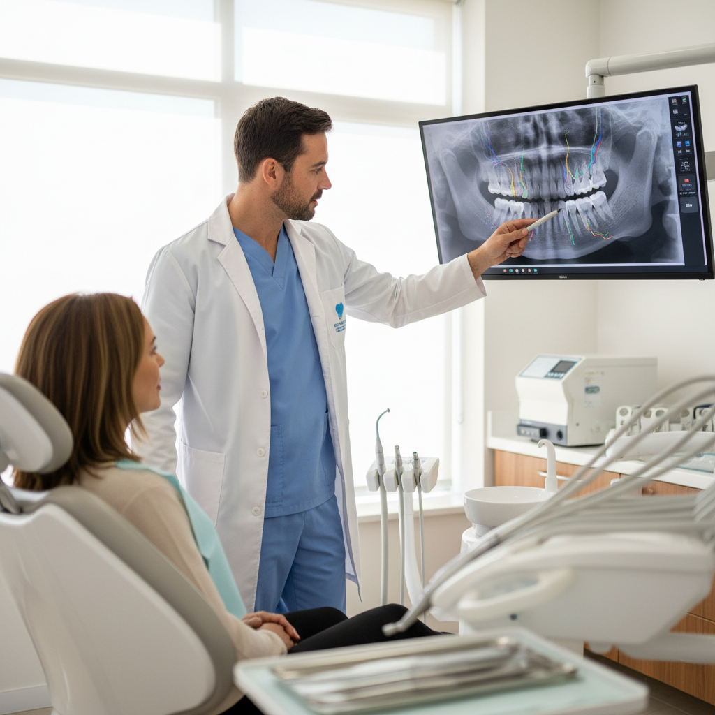 A dentist discussing a 3D jaw scan during a dental implant consultation Johannesburg at Family Dental Care.