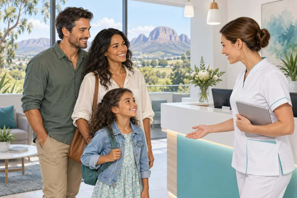 Illustration of a family visiting a dentist in Paarl